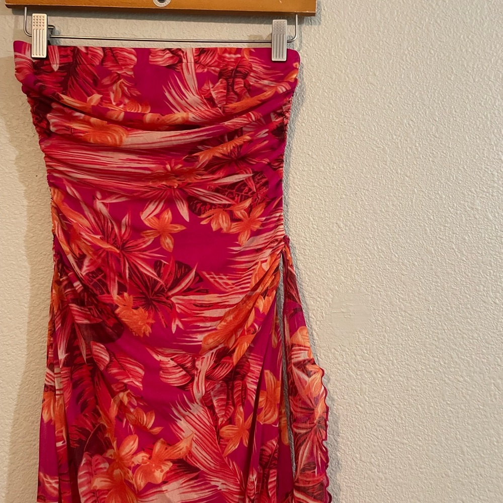 Rudy Rox Tropical Strapless Asymmetrical Dress - Hot Pink & Coral Floral